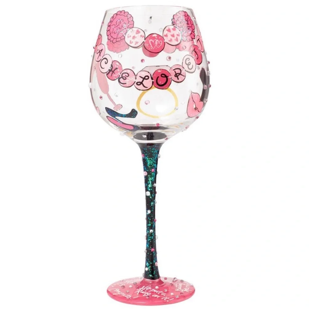 Lolita Bachelorette Hand Painted Bejeweled Bling Wine Glass w Gift Box New